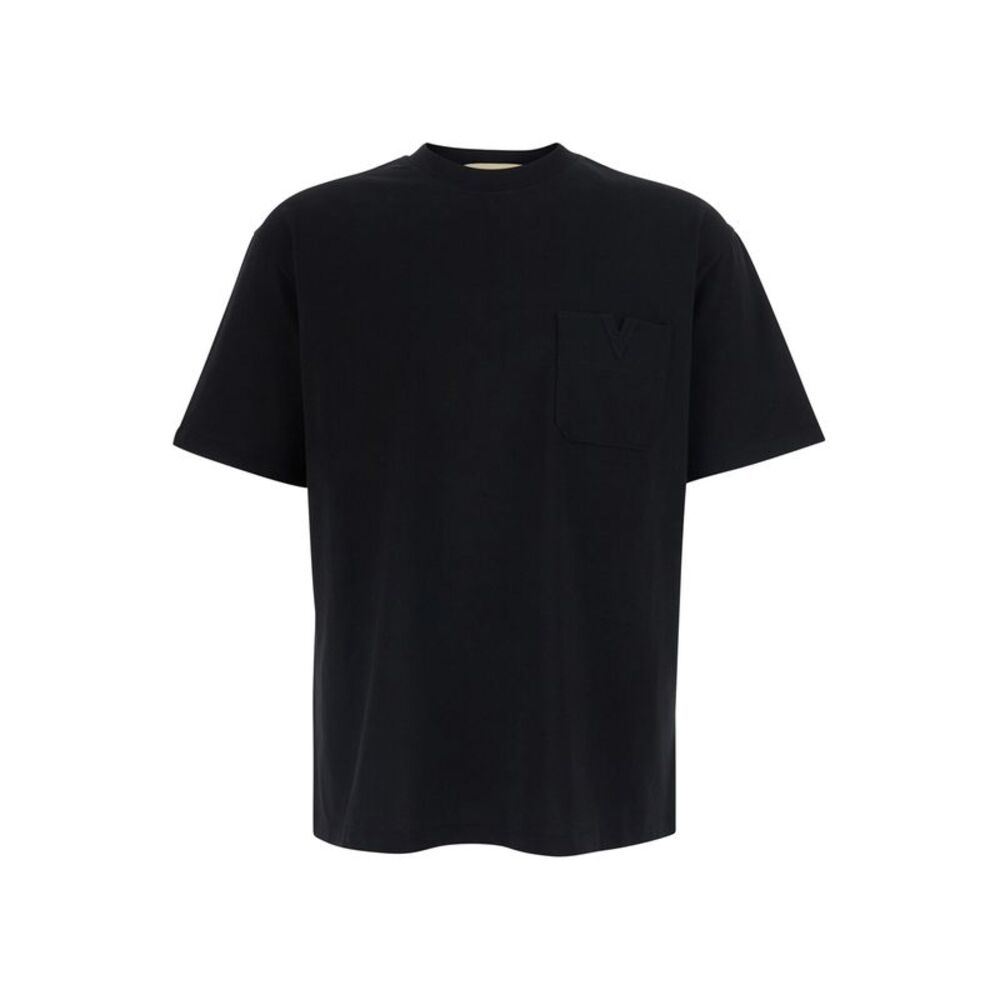 Valentino Men Black T-Shirt With Pocket With Metallic Vlogo In Cotton For Men